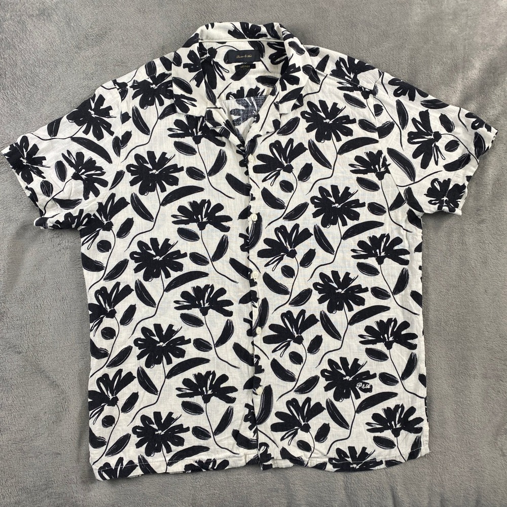 Porter & Ash Button Up‎ Mens L White Black Floral Linen Blend Camp Collar Shirt